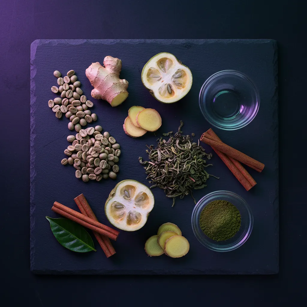 Natural botanical ingredients including green coffee beans and plant extracts on a dark slate surface