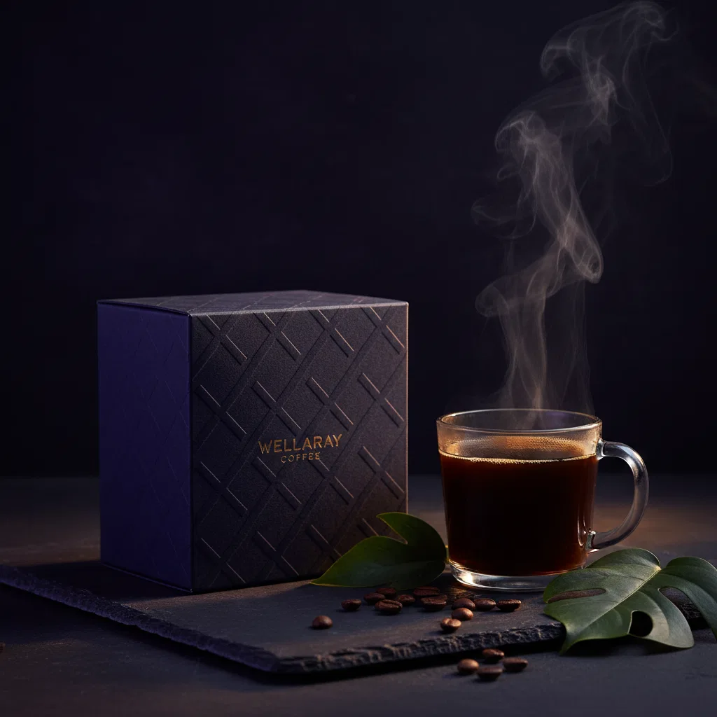 Wellaray Coffee box alongside a glass mug of coffee and botanical ingredients on a dark slate surface